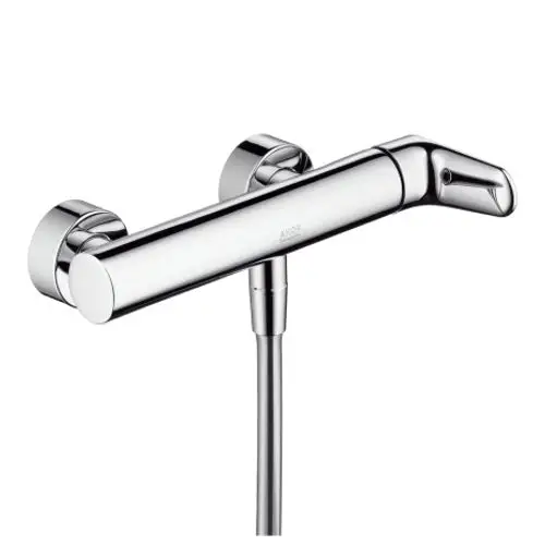 AXOR Aufputz-Brausemischer mit einem Hebel in verchromter Oberfläche. Handbrauseanschluss und zwei runde Wandbefestigungen sind vorhanden.